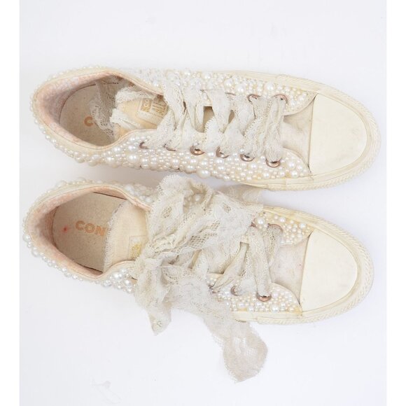 Converse Custom Pearl Lace Ribbon Wedding Bridal Sneakers Women's 8 Beachy - Picture 1 of 11